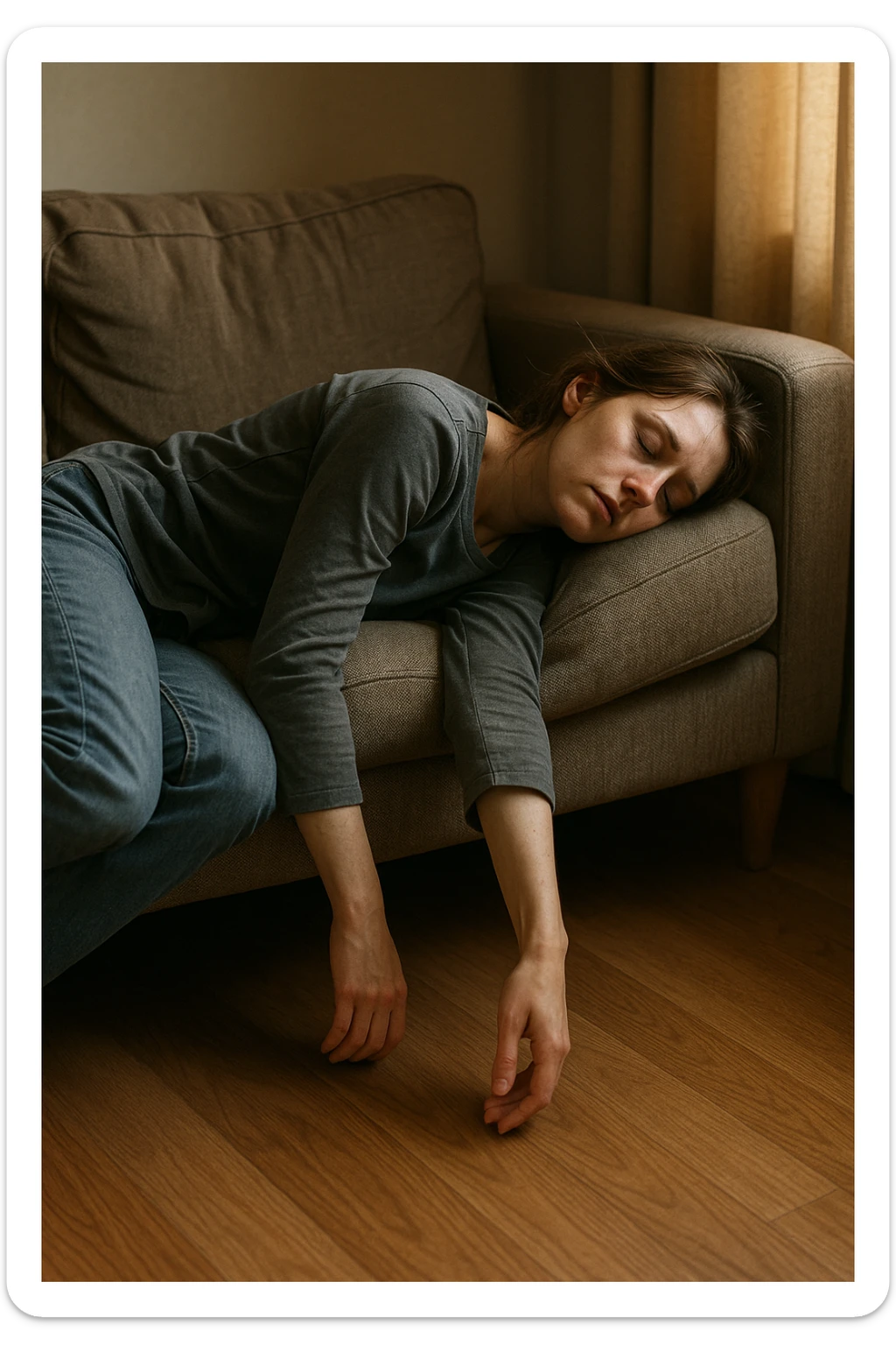 Empathetic photorealistic shot of a woman collapsed on a sofa, her body completely limp as if made of lead. One arm hangs off the edge, touching the floor. Her eyes are closed, face pale with dark circles. The afternoon light is warm but fails to energize the scene, emphasizing her profound exhaustion. sticker