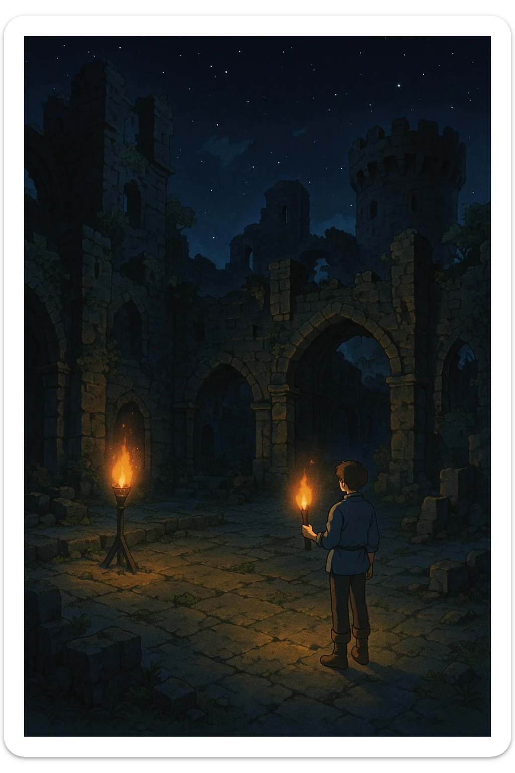 Midnight castle ruins torchlit courtyard sticker