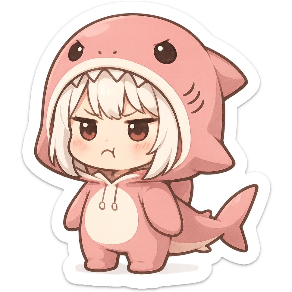 a cute girl with white hair in a pink shark costume, pouting angrily but adorably, chibi style sticker