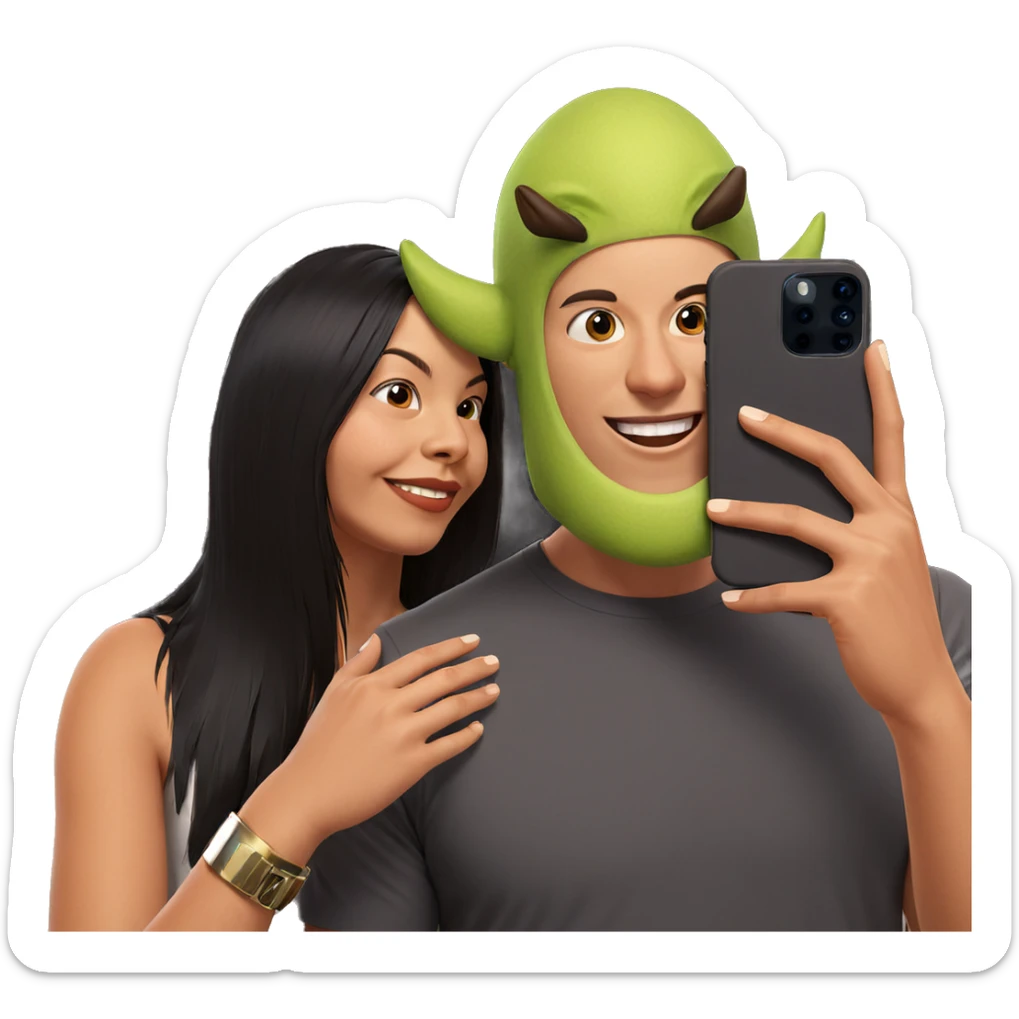 happy couple taking selfie sticker