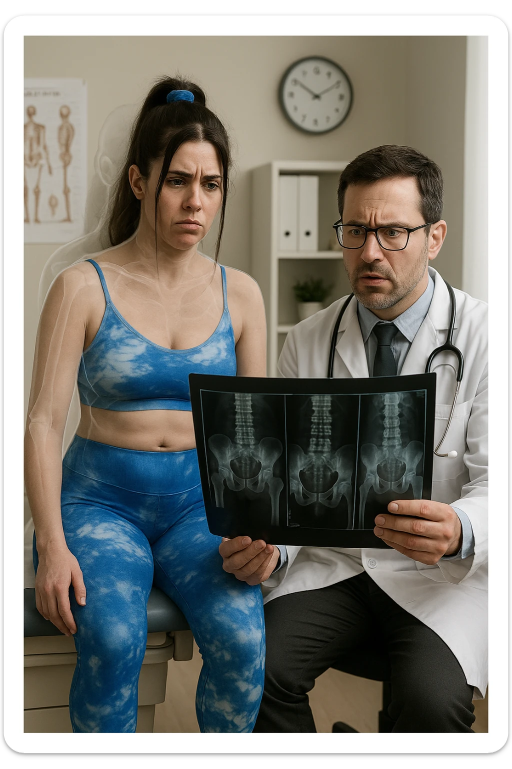a person sits in a doctor’s office, holding medical imaging results (like X-rays or MRI scans) that appear normal. However, a subtle shadow or ghosted outline around their body reveals postural asymmetries—such as uneven shoulders or hips—that are not visible in the scans. The doctor looks puzzled, while the patient appears frustrated. sticker