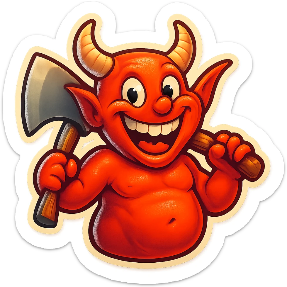 Edit the demon to appear funny and cheerful, with a wide Joker-style smile and a silly, joyful expression. Retain the axe, add a colorful, cartoonish touch. sticker