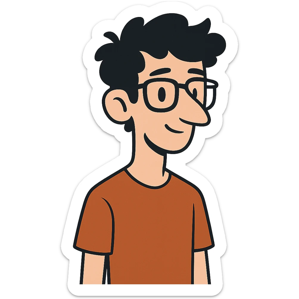 flat toon style skinny white boy with wavy black hair, big nose, black glasses sticker