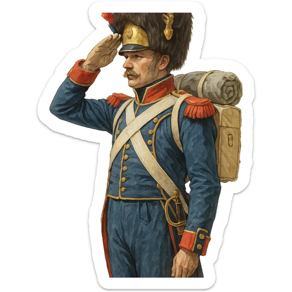 Vieille Garde soldier, Napoleonic era, saluting, blue uniform with gold trim, bearskin hat, historical sticker