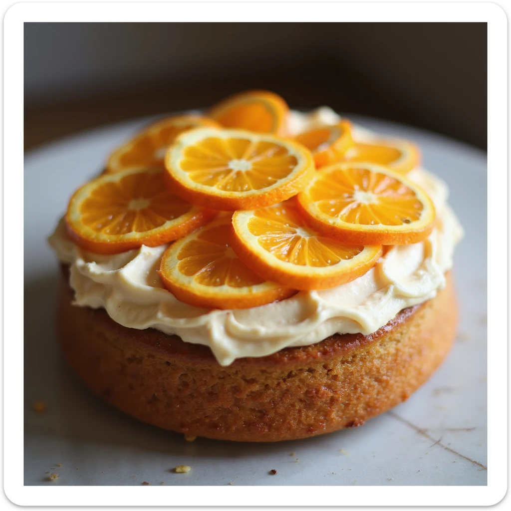 realistic round cake with orange frosting and candied orange slices, photorealistic style sticker