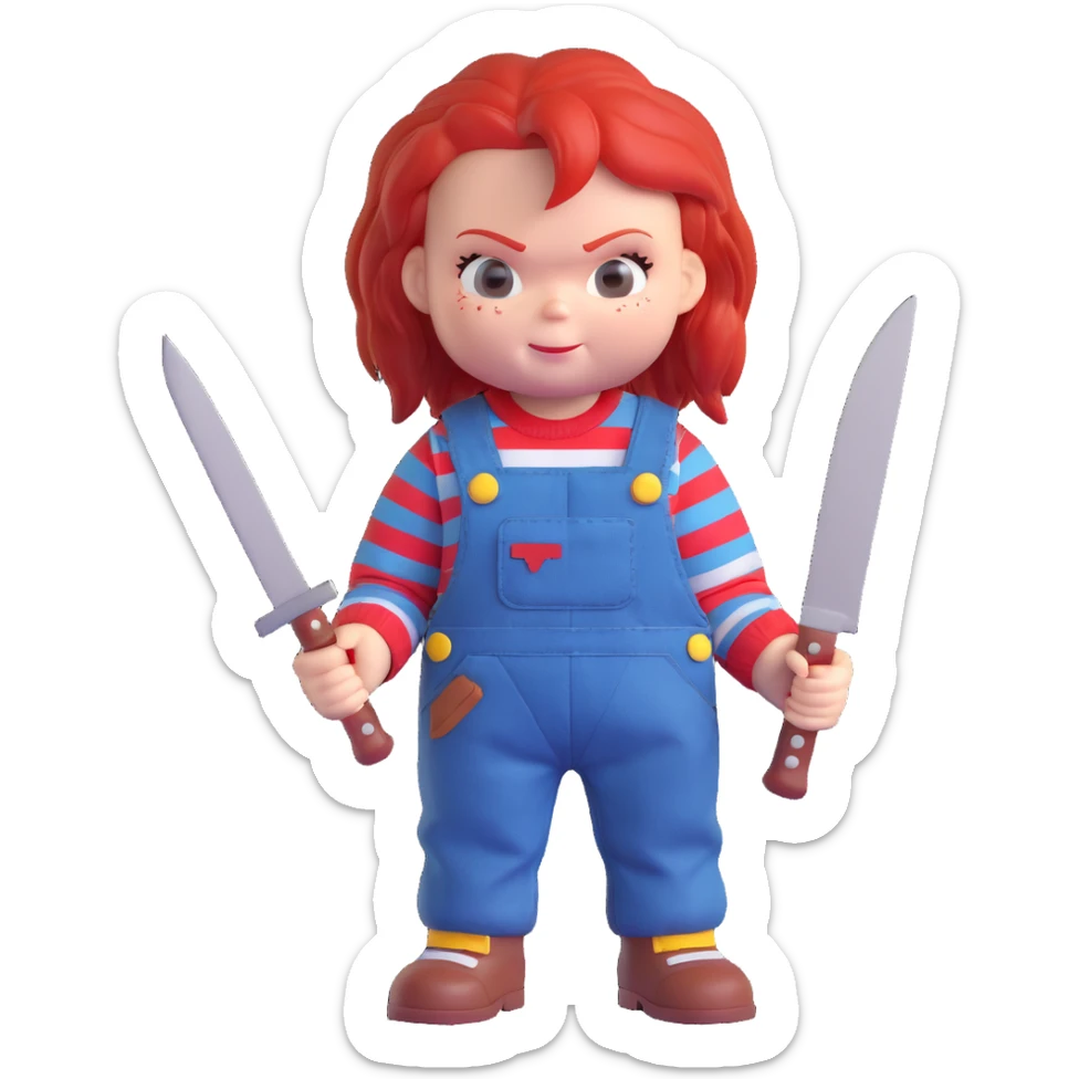 Chucky the doll 3D toy style, red hair, striped shirt, overalls, holding a knife sticker
