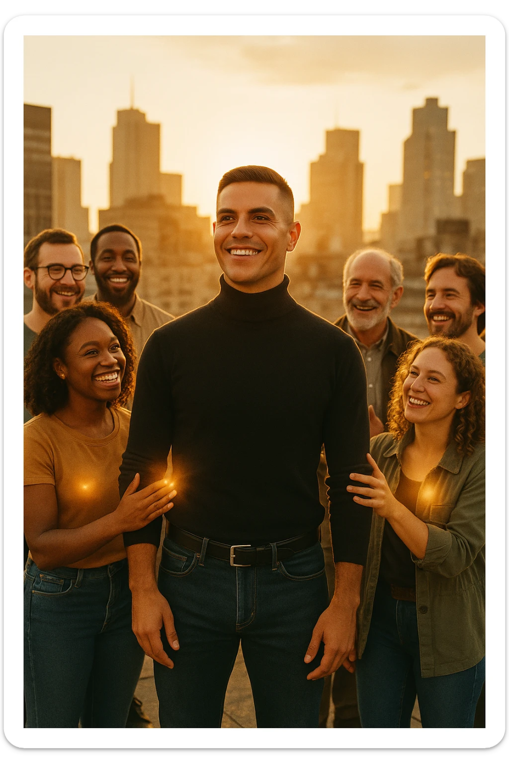 A cinematic scene of a man in his early 30s standing at the center of a sunlit urban rooftop during golden hour, surrounded by a diverse group of supportive, smiling people — friends, mentors, colleagues. They’re standing slightly behind or beside him, hands on his shoulder or gesturing toward him with encouragement. The man looks forward with a confident, inspired expression, body slightly relaxed, as if something inside di lui sta cambiando. The light behind the group forms a halo effect, emphasizing warmth and unity. Subtle visual symbolism: faint glow around their hands and hearts, suggesting their energy is uplifting him. Realistic clothing, modern style — jeans, T-shirts, casual jackets. The mood is inspiring, grounded, and full of potential. Shot in 35mm film style, with rich warm tones, shallow depth of field, and vibrant human detail. sticker