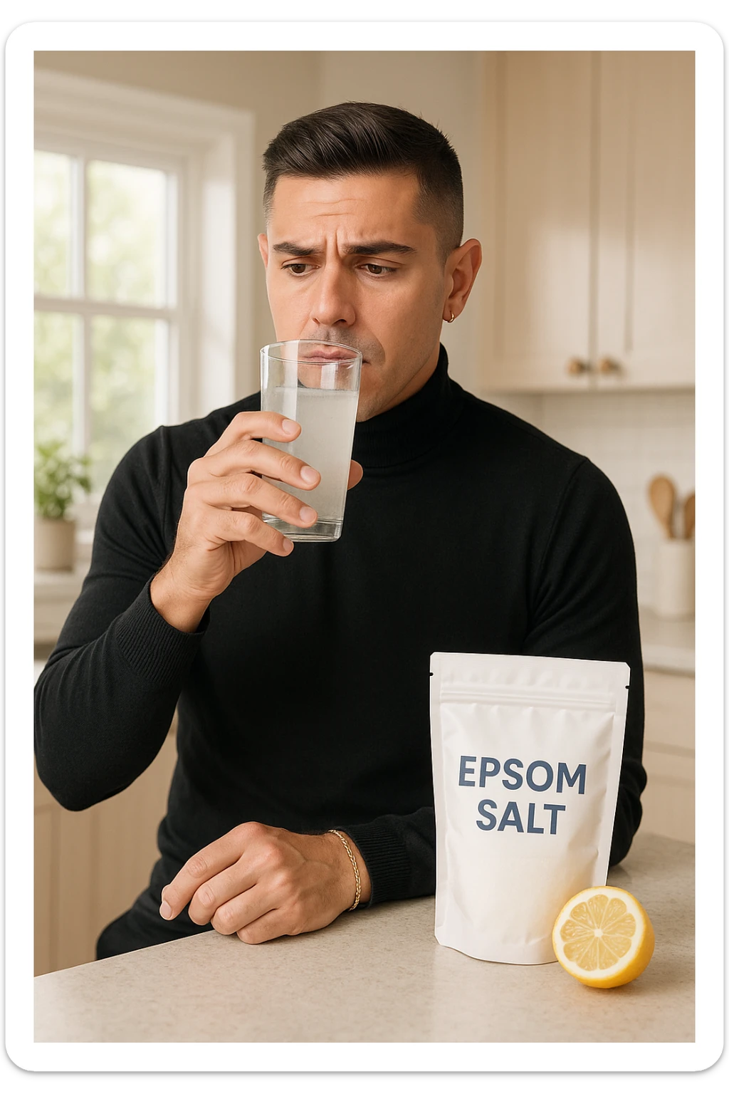 A realistic, bright photo-style image of a young man in his 30s standing in his kitchen, holding a clear glass filled with water in which Epsom salt (magnesium sulfate) has been dissolved. He looks focused but slightly uncertain as he prepares to drink it for a liver flush or digestive cleanse. The glass shows slight cloudiness from the dissolved salt. On the counter are a packet labeled 'Epsom Salt' and a sliced lemon, suggesting he might use it to mask the taste. The setting is clean, natural, and bright with neutral tones. The background shows sunlight streaming through a window, emphasizing a clean, minimalist health-focused environment. The mood conveys a realistic, calm moment of self-care with a hint of discomfort, illustrating a natural detox practice sticker