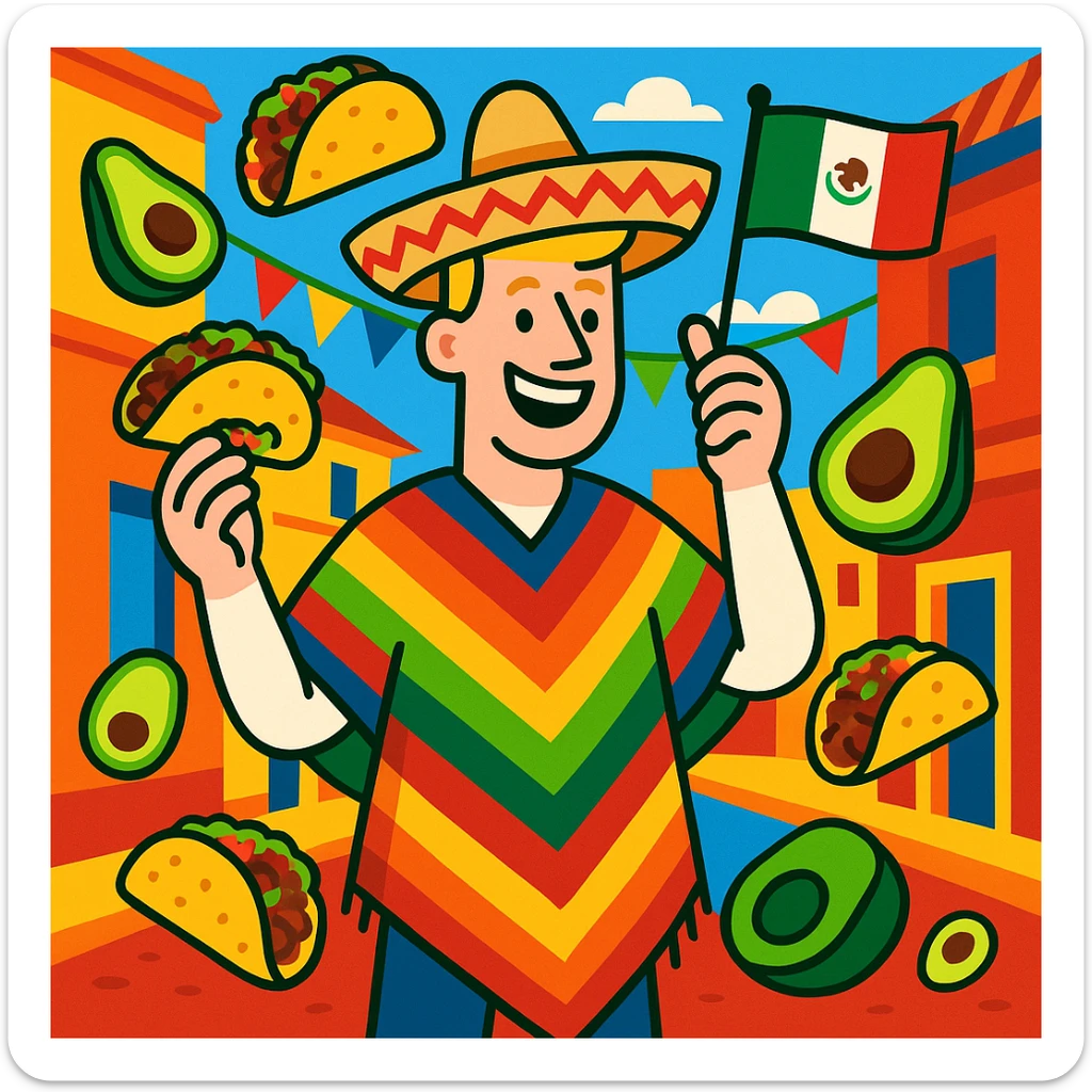 festive Cinco de Mayo cartoon of a tall white American with blonde hair, smiling, wearing a colorful poncho, holding a taco and an avocado, waving a Mexico flag, surrounded by tacos and avocados, on a lively street background, bright and bold colors sticker