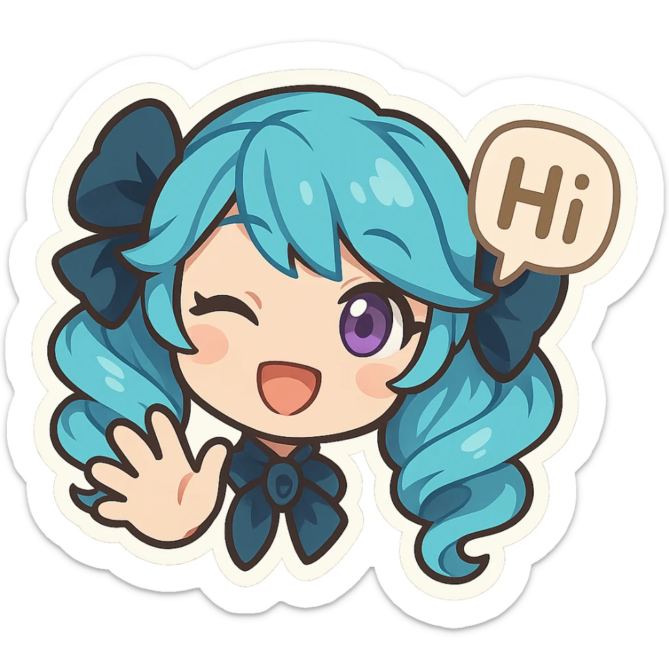 Gwen from League of Legends, hi emote, chibi style, only head, right eye purple, waving hand, sample 2 sticker