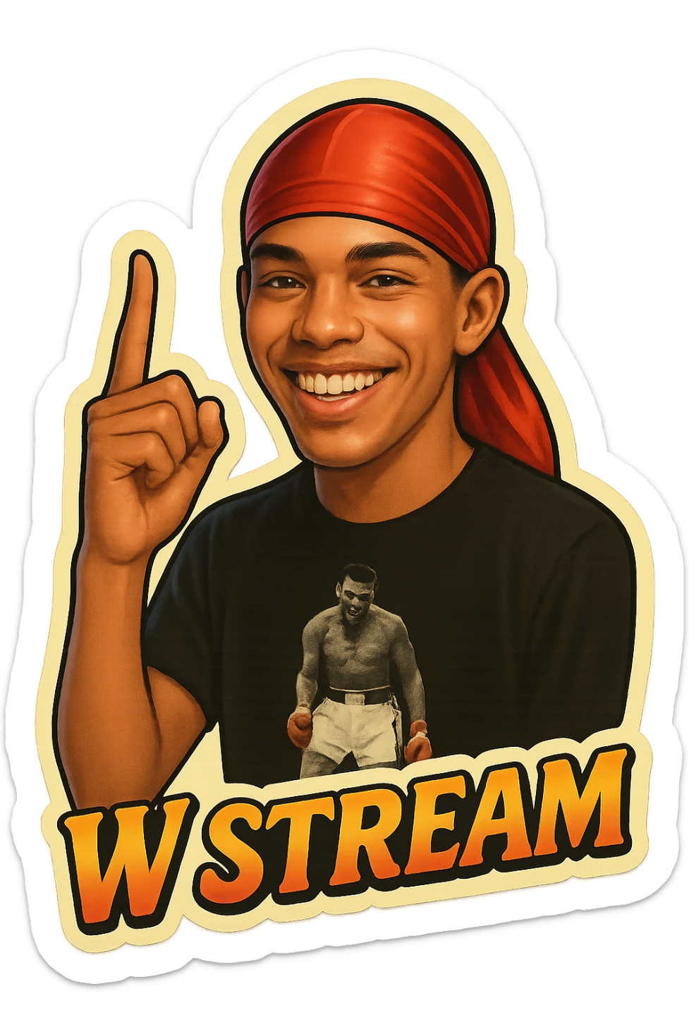 Make him Smiling 
woo Finger signak
Change His durag To Red
Add the words W Stream sticker