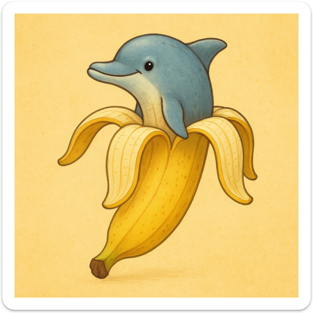 a whimsical and fun dolphin with the body of a banana peel, the upper body of the dolphin serving as the upper part of the peeled banana sticker