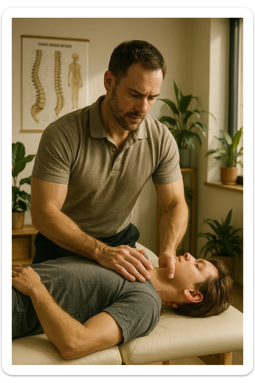 A realistic, cinematic illustration of a professional osteopath in his late 30s, wearing a fitted polo shirt in a neutral color, performing gentle manual manipulations on a patient to improve posture. The osteopath uses precise hand placement along the patient's upper back and cervical spine while the patient lies on a comfortable treatment table in a bright, modern clinic. Anatomical posters showing the spine and posture alignment are on the wall, and the room has warm, natural lighting with plants for a calming atmosphere. The scene emphasizes hands-on osteopathic care to restore body alignment, spinal mobility, and posture, showcasing trust, professionalism, and holistic care sticker