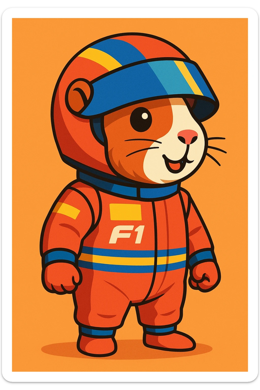 detailed cartoon of a guinea pig in a Formula 1 racing suit and helmet, full body sticker