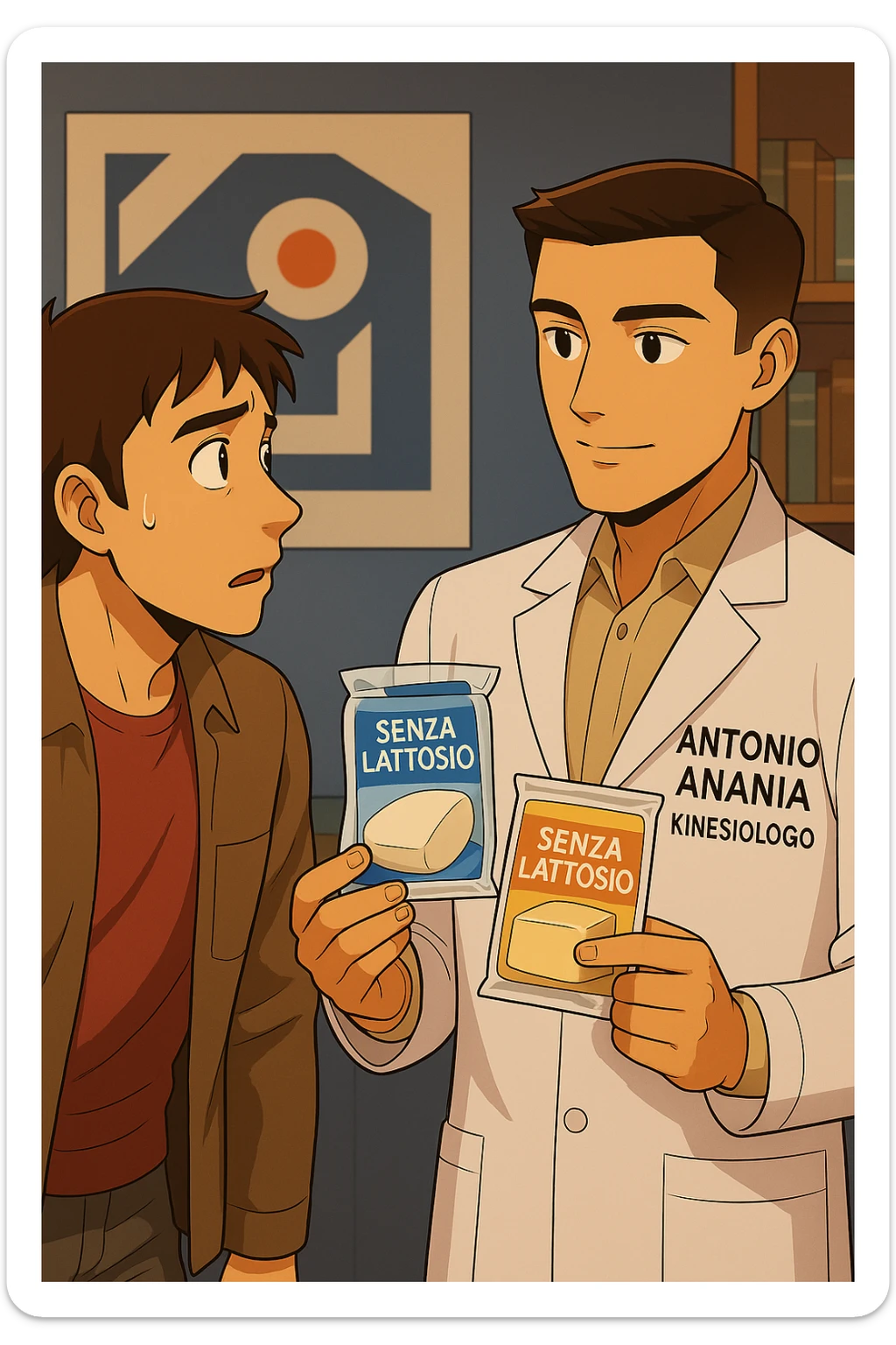 fai un webtoon manga a colori con questo stile, in cui un uomo ASCOLTA Il kinesiologo con il camice bianco (fagli anche la scritta "ANTONIO ANANIA" SUL CAMICE, IL KINESIOLOGO SPIEGA ALL'UOMO UNA MOSTRANDO VARI PRODOTTI DA SUPERMERCATO CONFEZIONATI (TIPO SCATOLA DI LATTE, MOZZARELLE CONFEZIONATE, FORMAGGIO CONFEZIONATO), OGNI CONFEZIONE HA LA SCRITTA "SENZA LATTOSIO SULL'ETICHETTA. L'UOMO OSSERVA IL KINESIOLOGO CON ESPRESSIONE CONFUSA IN VOLTO. non fare i fumetti però, fai solo in modo che sembri stiano parlando sticker