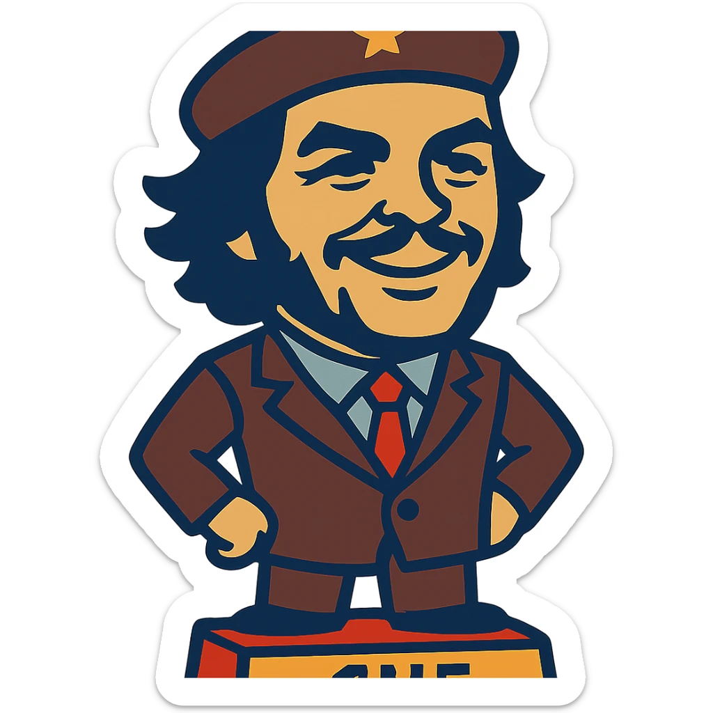 statuette of Che Guevara in a suit and tie, big head, confident smile sticker