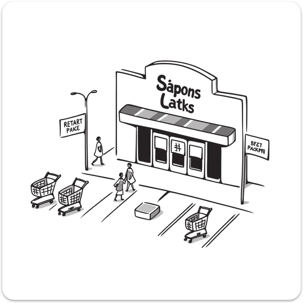 Isometric supermarket building with glass entrance, shopping cart return areas, and parking spaces sticker