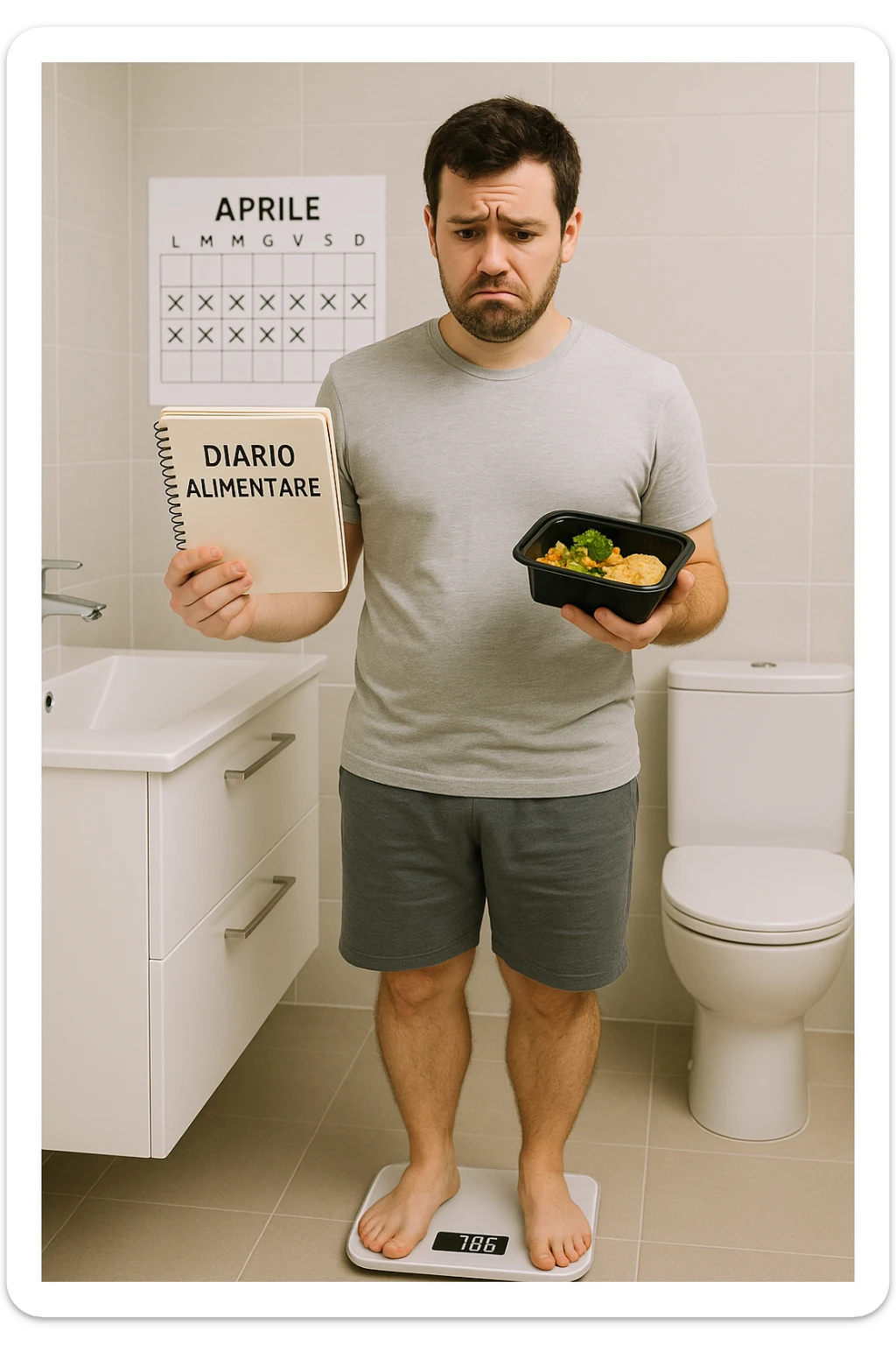 Uomo sulla trentina in piedi su una bilancia in bagno, con espressione delusa e confusa. In mano tiene un diario alimentare e un contenitore per i pasti già preparati, segno che sta seguendo una dieta. Dietro di lui un calendario con settimane segnate, ma senza cambiamenti. Il suo corpo appare identico a prima, senza progressi visibili. La bilancia digitale mostra lo stesso numero. Ambientazione pulita e moderna, toni neutri. Atmosfera di frustrazione e demotivazione, luce soffusa. scrivi tutti i testi in italiano sticker