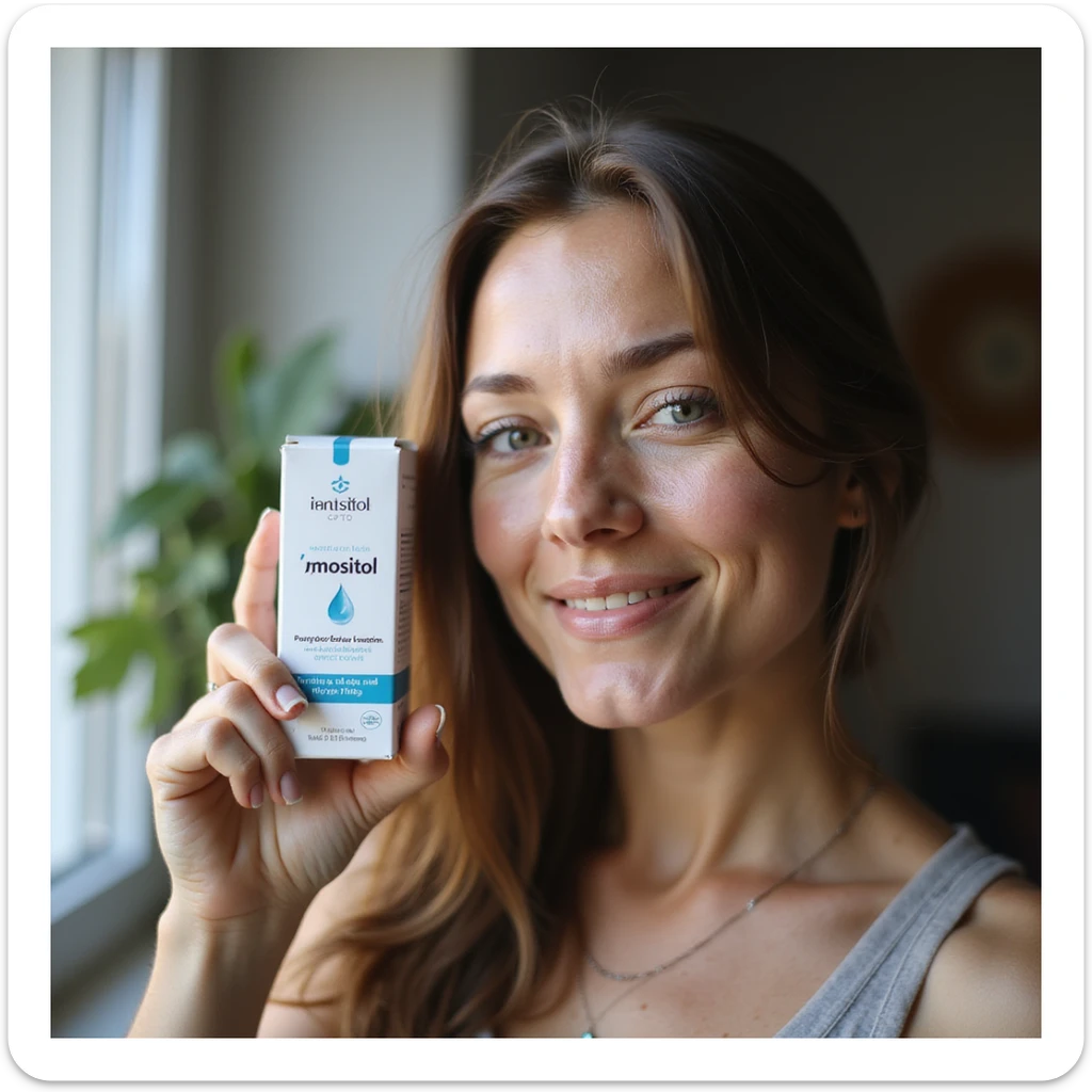 hyperrealistic photo of a woman with PCOS holding a box of inositol, face with acne and facial hair, thin hair, smiling expression, home environment, natural light sticker
