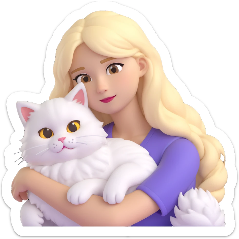 girl with long blonde hair, white fluffy cat resting on her left shoulder and neck, emoji for Discord and Slack sticker