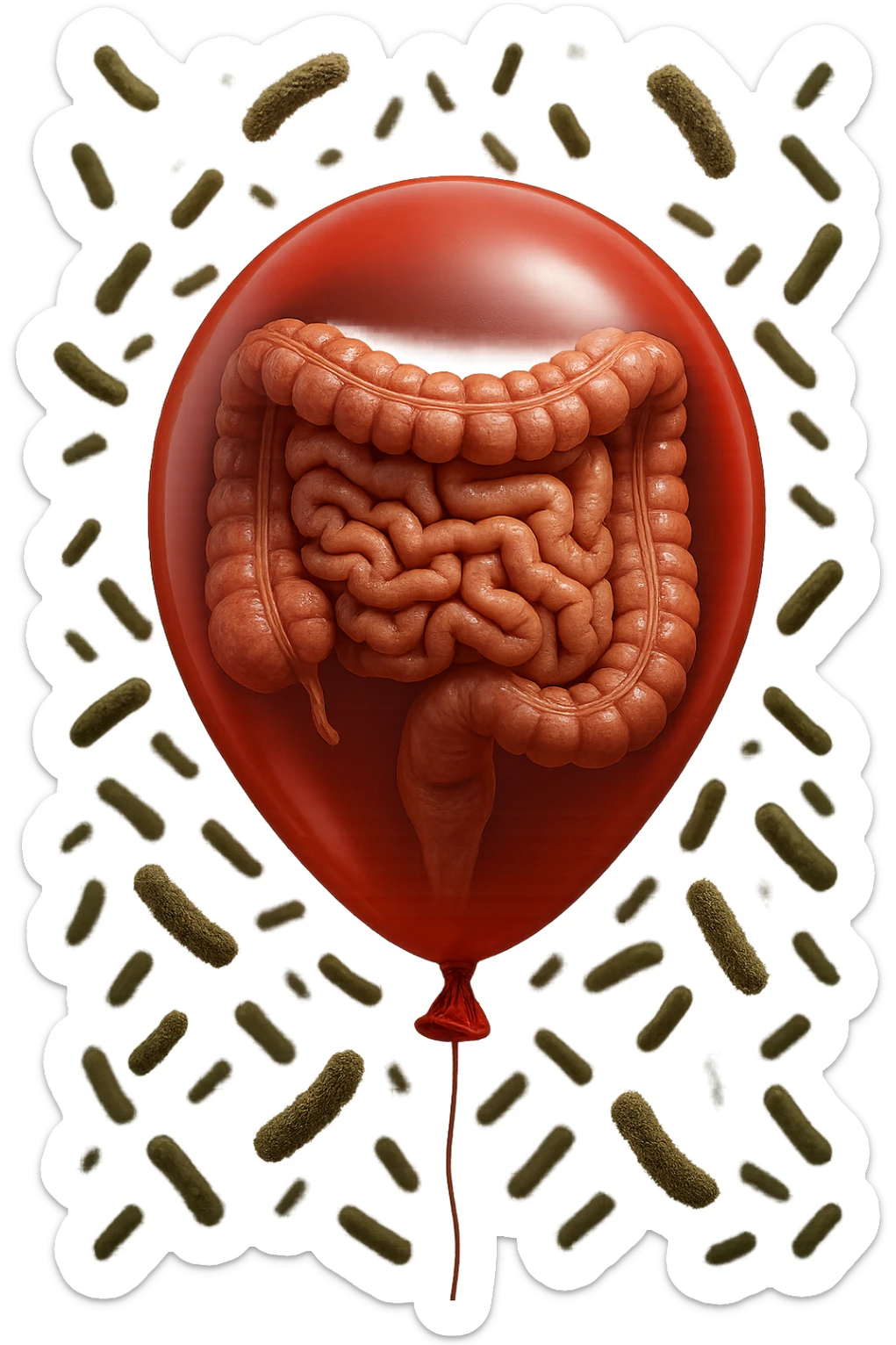 intestino umano anatomico chiuso in un palloncino rosso con batteri intestinali che fluttuano intorno, iperrealistico 4k sticker