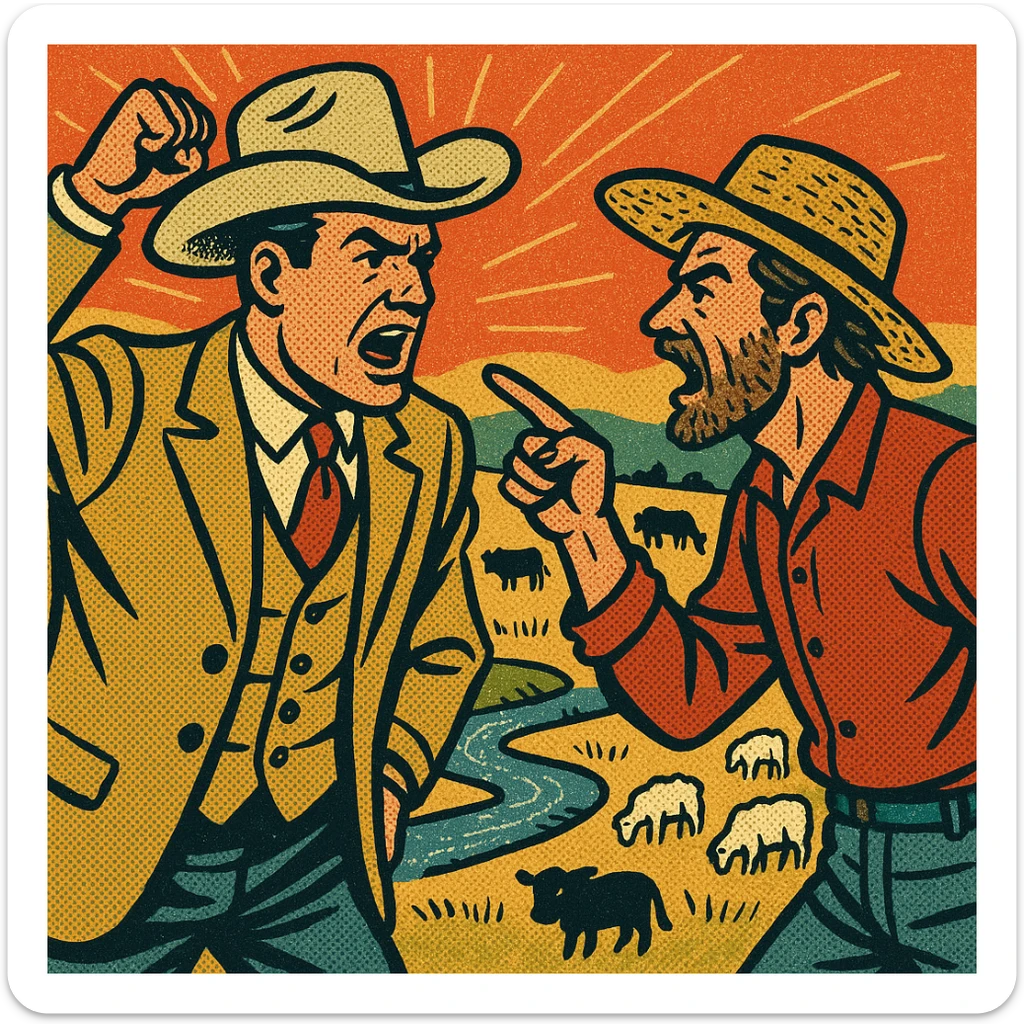 The full bodies of a wealthy male cattle ranch owner wearing a cowboy hat in a heated argument with a homesteader in the American West.  The background shows land with grazing cattle and sheep with a small stream. sticker