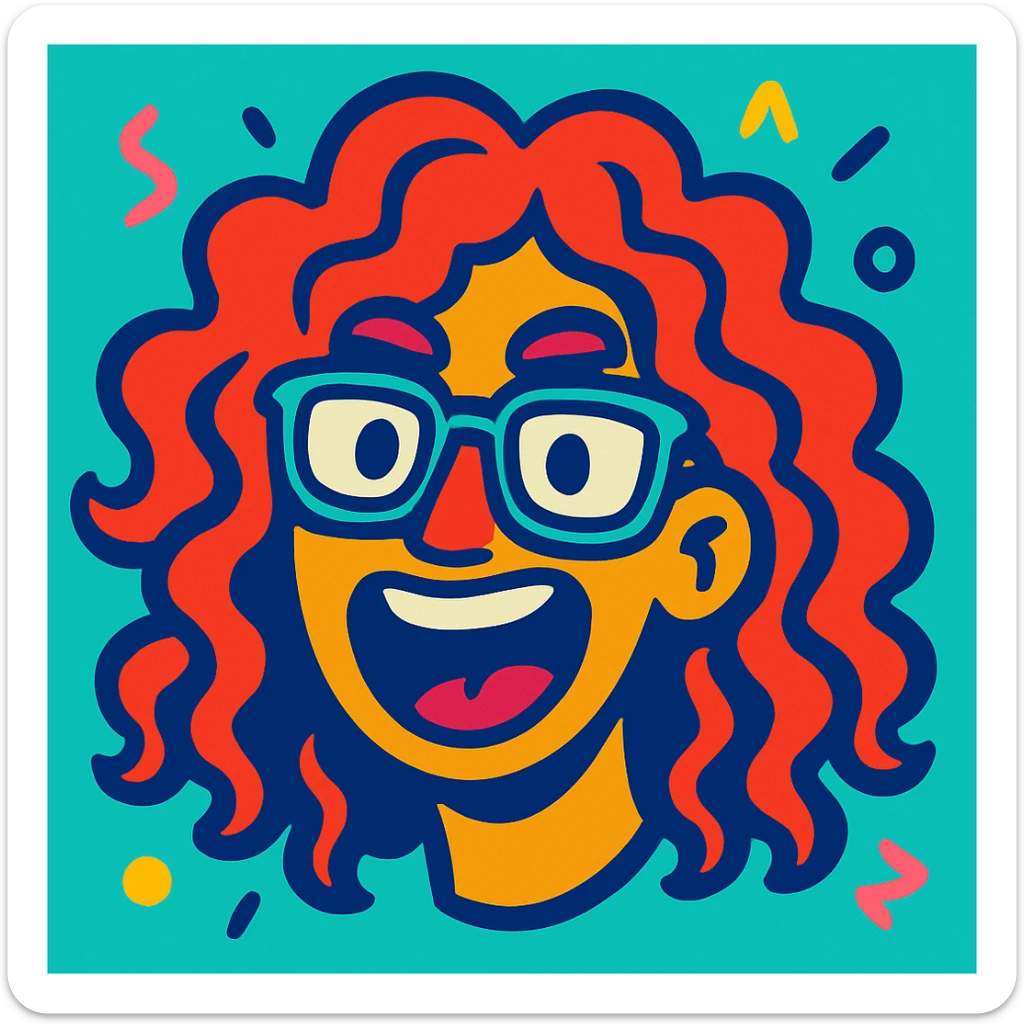expressive illustration of a face with long curly hair and glasses, zoomer style, modern colors sticker