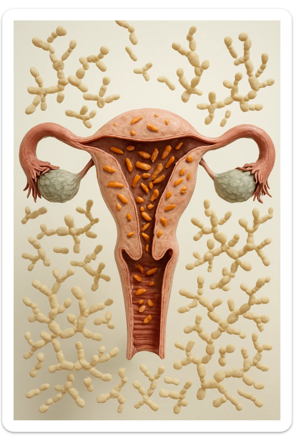 utero umano realistico con batteri della candida intorno, la foto si deve vedere per intero in formato verticale, sullo sfondo neutro chiaro ci sono batteri della candida, iperrealistico 4k sticker