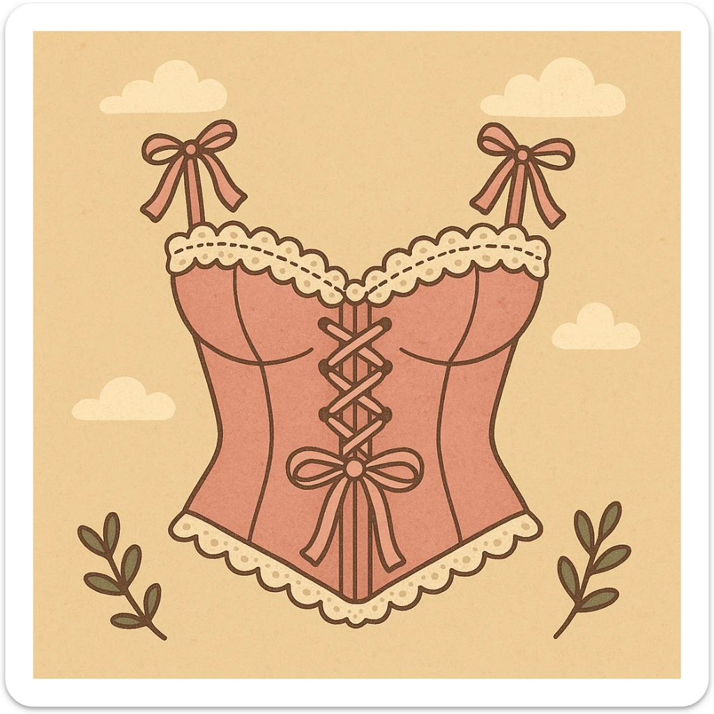 a pink lacey coquette corset, delicate and feminine, with ribbons and lace details, modern illustration style sticker