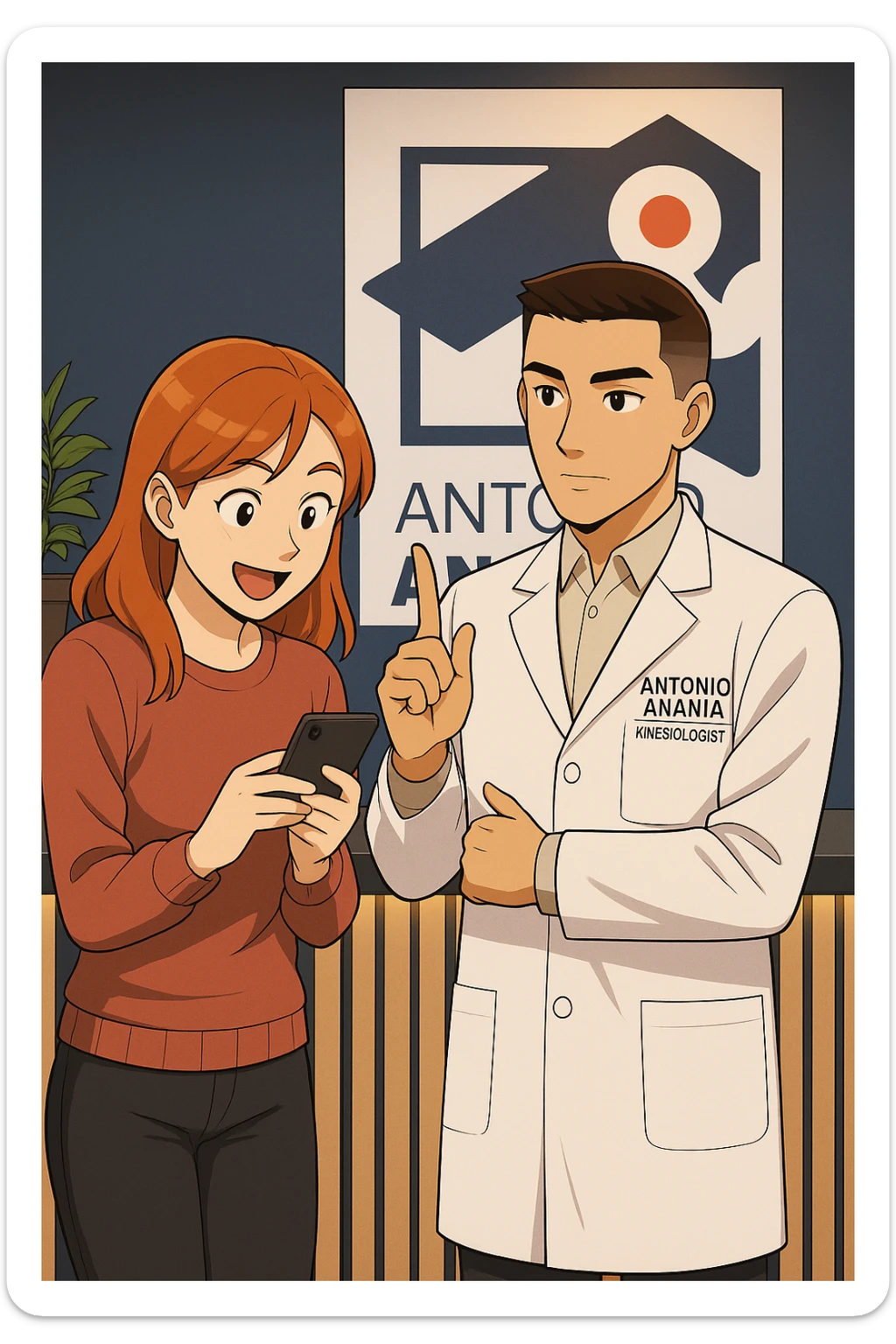 su questo stile fai un manga/webtoon a colori in cui una donna CONTROLLA ENTUSIASTA LO SMARTPHONE MENTRE PARLA CON L'UOMO, l'uomo della foto in stile manga LE DICE DI "NO" CON IL DITO, mantieni un ambiente simile alla foto che ho allegato con il suo logo (sarebbe il suo studio, lui è un kinesiologo), scrivigli "ANTONIO ANANIA" sul camice bianco, non mettere fumetti, ma fai in modo che sembri che la donna CONTROLLI LO SMARTPHONE E L'UOMO CON I GESTI LE FACCIA CAPIRE CHE STA SBAGLIANDO sticker