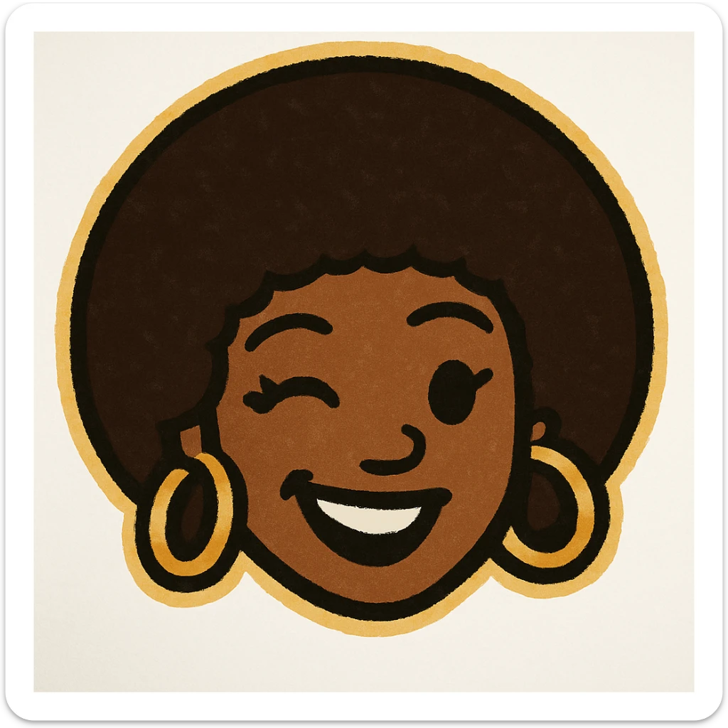 Create a 1970s disco emoji of just the head of a female African American, inspired by the references, using only gold, silver, black, and white. Show a winking expression, afro hairstyle, and large hoop earrings in these colors, in a vibrant pop colors style. sticker