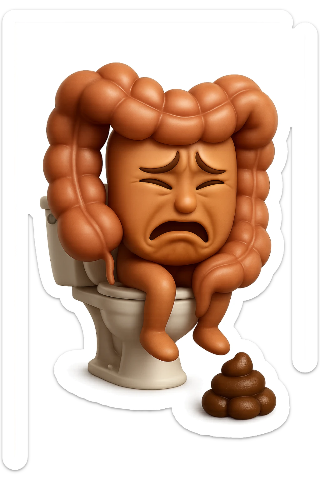 SU QUESTO STILE FAI UN EMOJI STILE IPHONE 3D DI UN INTESTINO CHE sta seduto sul wc e davanti ha una montagnetta di feci a palline stile emoji iphone, FAGLI UN ESPRESSIONE di dolore mentre si sforza E FALLO MOLTO REALISTICO IN 3D sticker