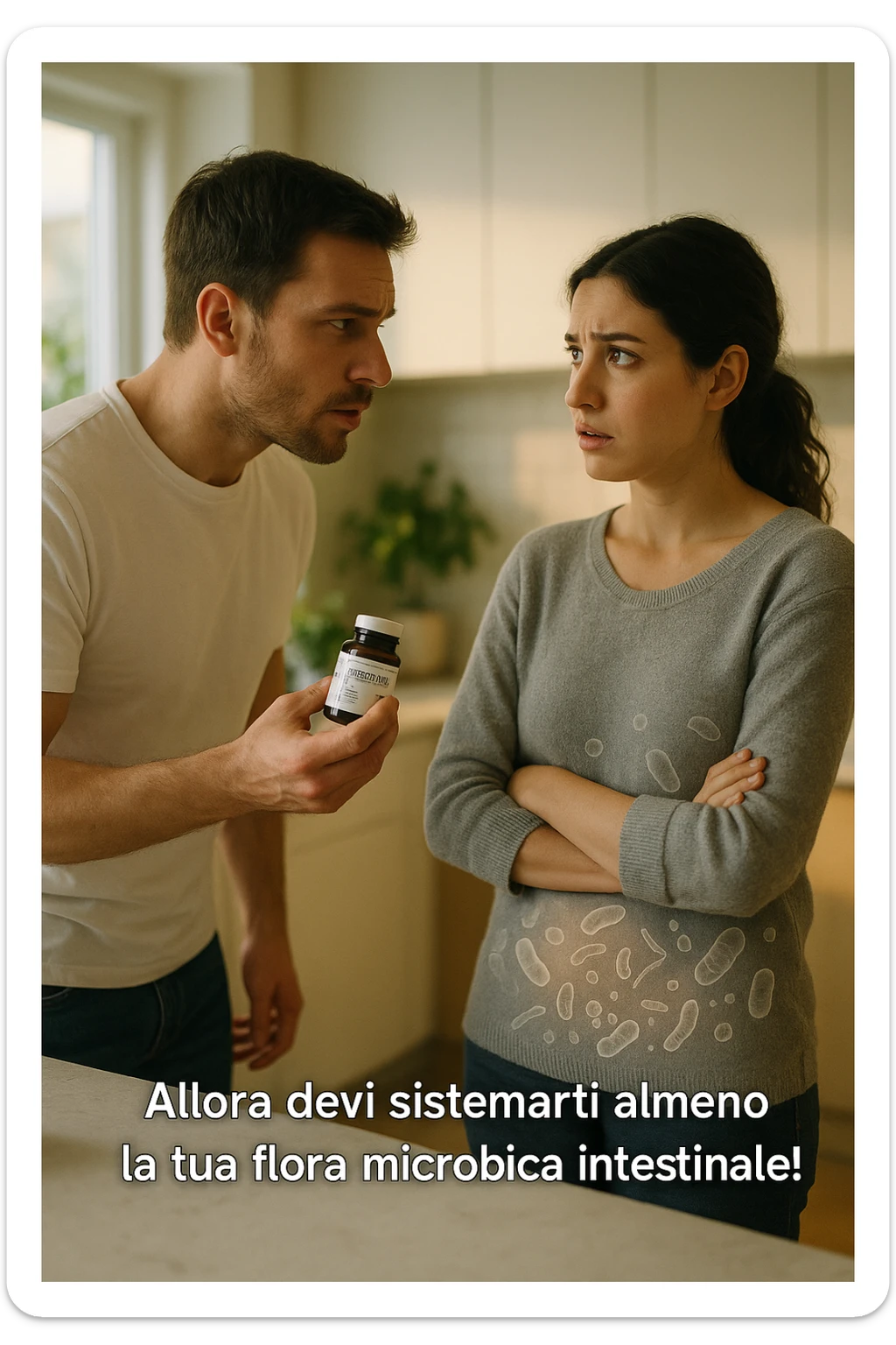 A hyper-realistic, cinematic photo of a young couple in their early 30s having a tense but calmer discussion in a bright modern kitchen. The man, fit, wearing a plain white T-shirt, holds a small probiotic supplement bottle in one hand, leaning slightly forward with a concerned yet firm expression, saying: 'Allora devi sistemarti almeno la tua flora microbica intestinale!' The woman, with dark hair in a loose ponytail, wearing a comfortable home sweater, stands with arms partially crossed, looking at him with a doubtful and confused expression, eyebrows slightly raised, lips parted as if about to respond but uncertain. Around them, faint translucent overlays of microscopic gut flora and bacteria symbols swirl softly near the woman’s abdomen, symbolizing the issue of her imbalanced gut microbiome. The kitchen is bathed in warm natural light, with green plants adding a sense of health and life, while the couple remains in sharp focus. The color palette is warm, with soft shadows and shallow depth of field highlighting the emotional tension yet care in the conversation, visually representing the discussion about gut health within the relationship sticker