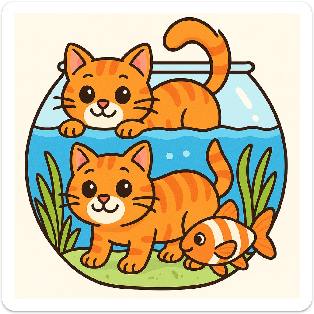 A red-haired cat and a goldfish aquarium in 3d-emoji style, more cartoonish sticker