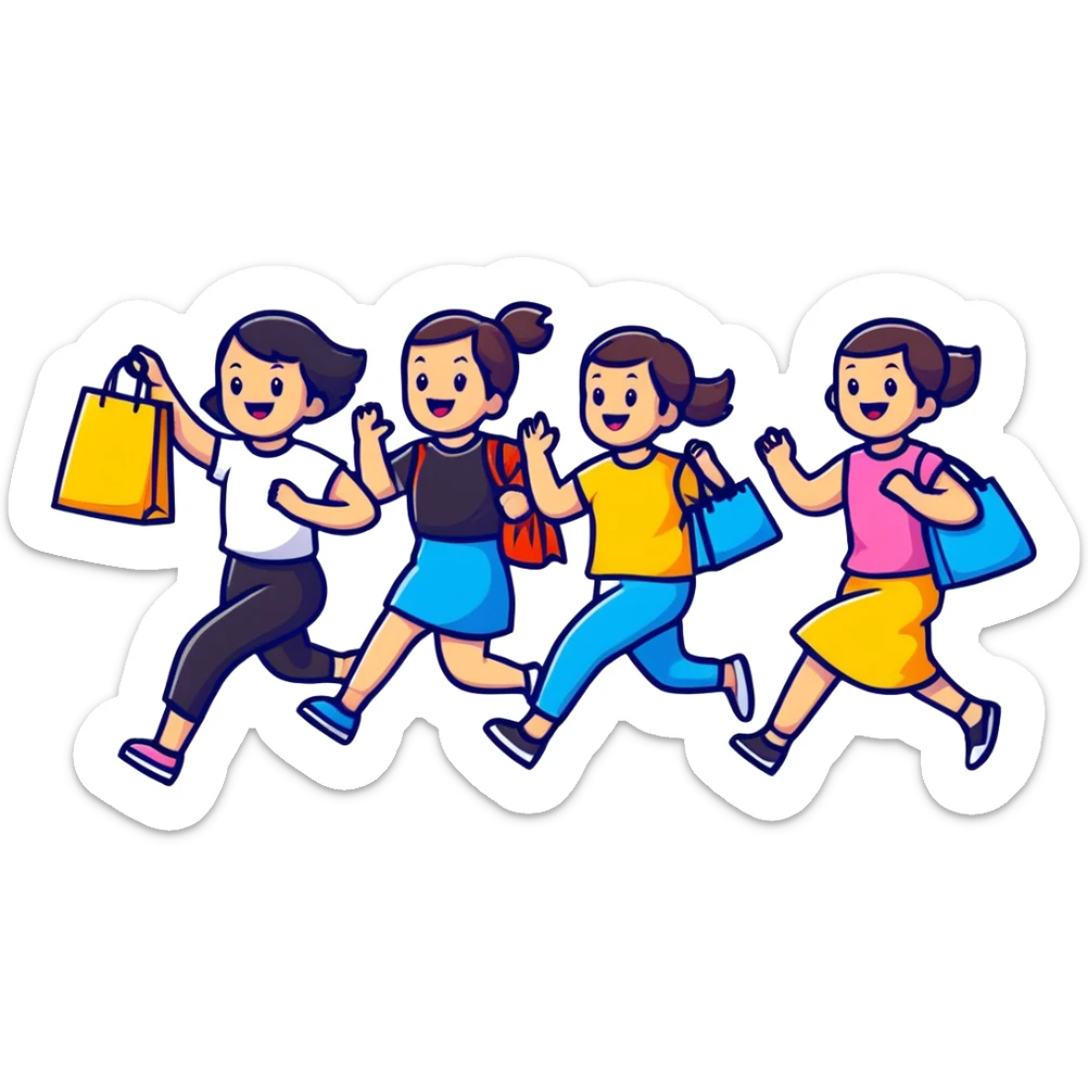 shoppers running with the salesgirl, bright colors and playful expressions sticker