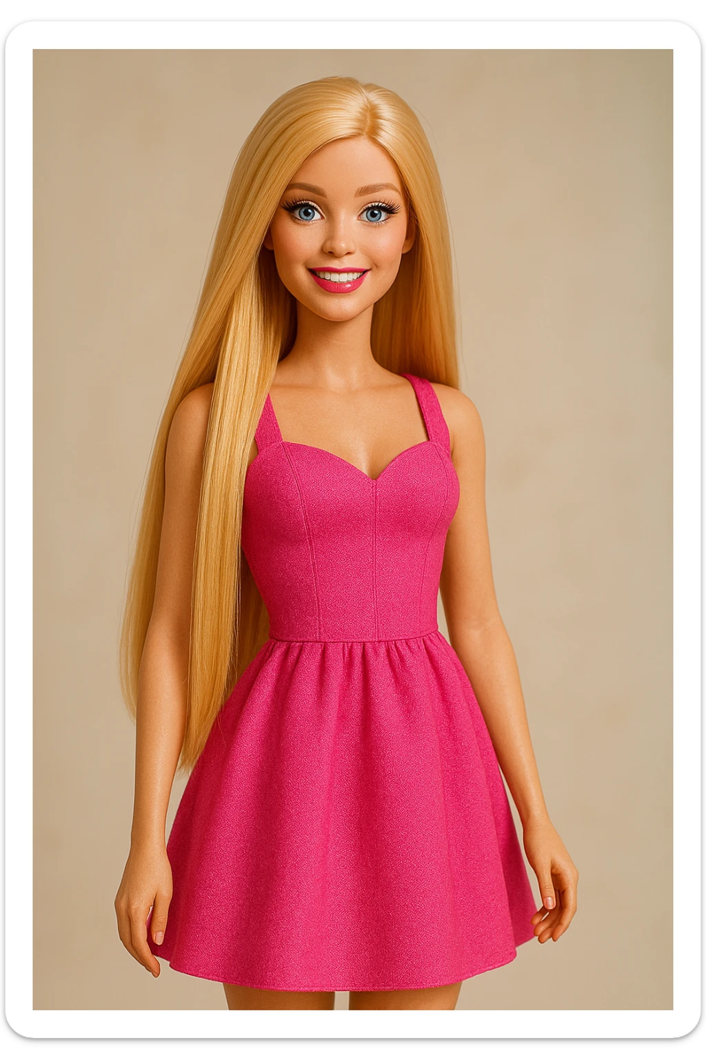 Barbie doll with long straight blonde hair, pink dress, smiling, standing pose sticker