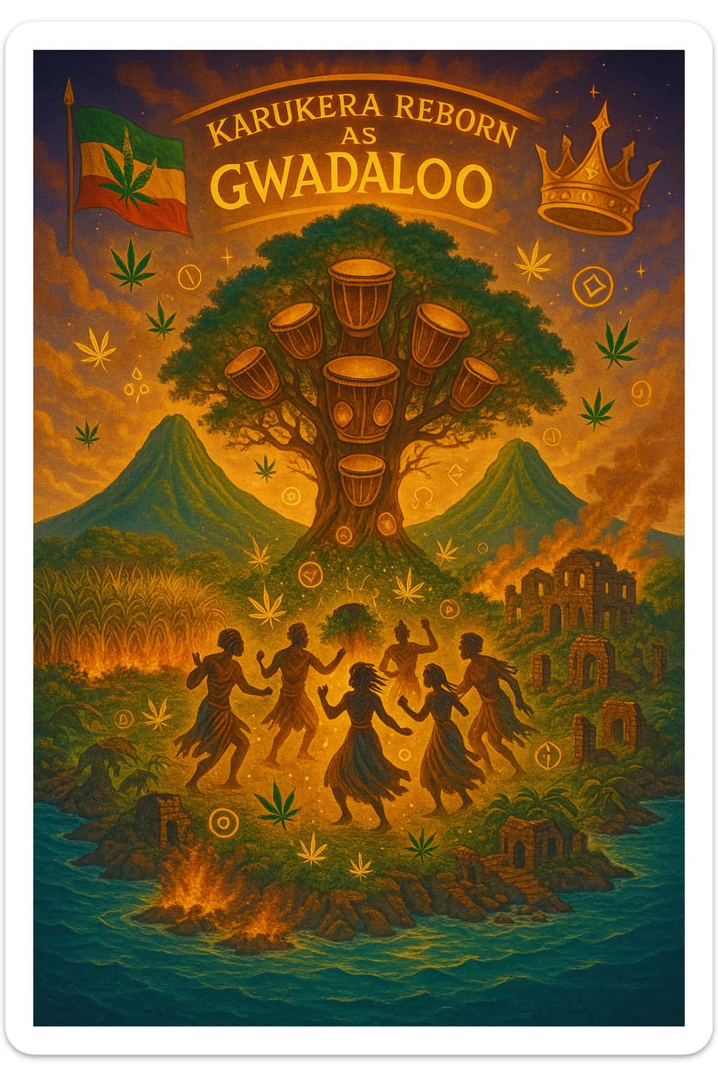 Create a powerful, surreal vision of the Caribbean island Guadeloupe, reimagined as ‘Guadeloupe' — its sacred, sovereign identity restored. The island is lush, tropical, and volcanic, with two green volcanoes glowing golden at the peaks. In the center stands a giant mystical Drum Tree, its branches bearing carved drums instead of fruit, glowing with rhythmic light. Ancestral spirits of African and indigenous lineage dance in a circle around the tree, surrounded by floating ganja leaves and sacred symbols. Sugarcane fields burn gently in the background, symbolizing the end of colonial suffering. Ruins of colonial buildings crumble into the earth, reclaimed by vines and jungle. Above the island, a glowing banner in the sky reads: ‘Karukera reborn as Gwadaloo.’ A ganja-leaf flag waves high in red, green, and gold, and a golden Creole crown floats in the sky above the island — not worn by any man, but held in rhythm. The ocean is turquoise, the light is divine, and the entire scene radiates spiritual victory, cultural remembrance, and cosmic rhythm. Use a warm, cinematic palette of golds, greens, blues, and purples. Style should feel epic, sacred, and symbolic — a rebirth of Caribbean power. sticker