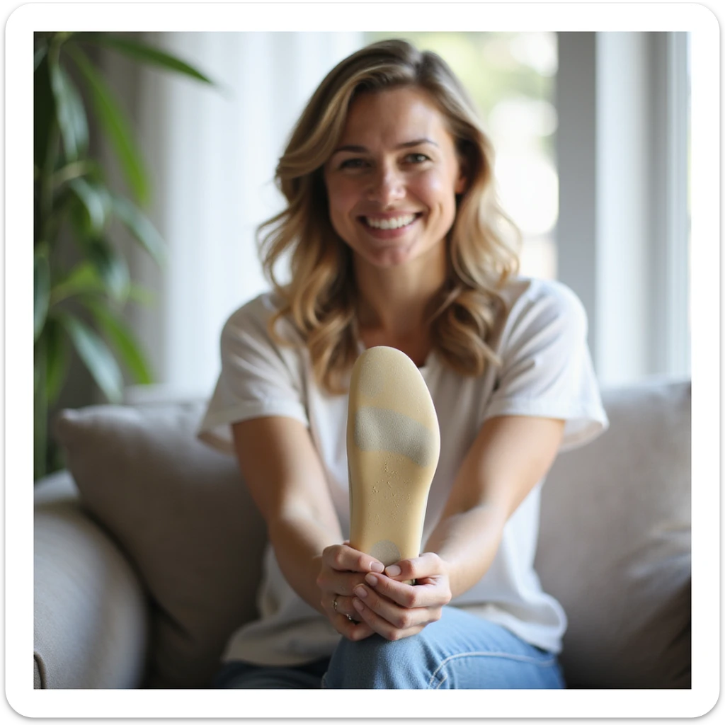 realistic style adult smiling woman showing relief and well-being in foot thanks to orthopedic insole, relaxed posture, insole visible in shoe, bright and positive environment sticker