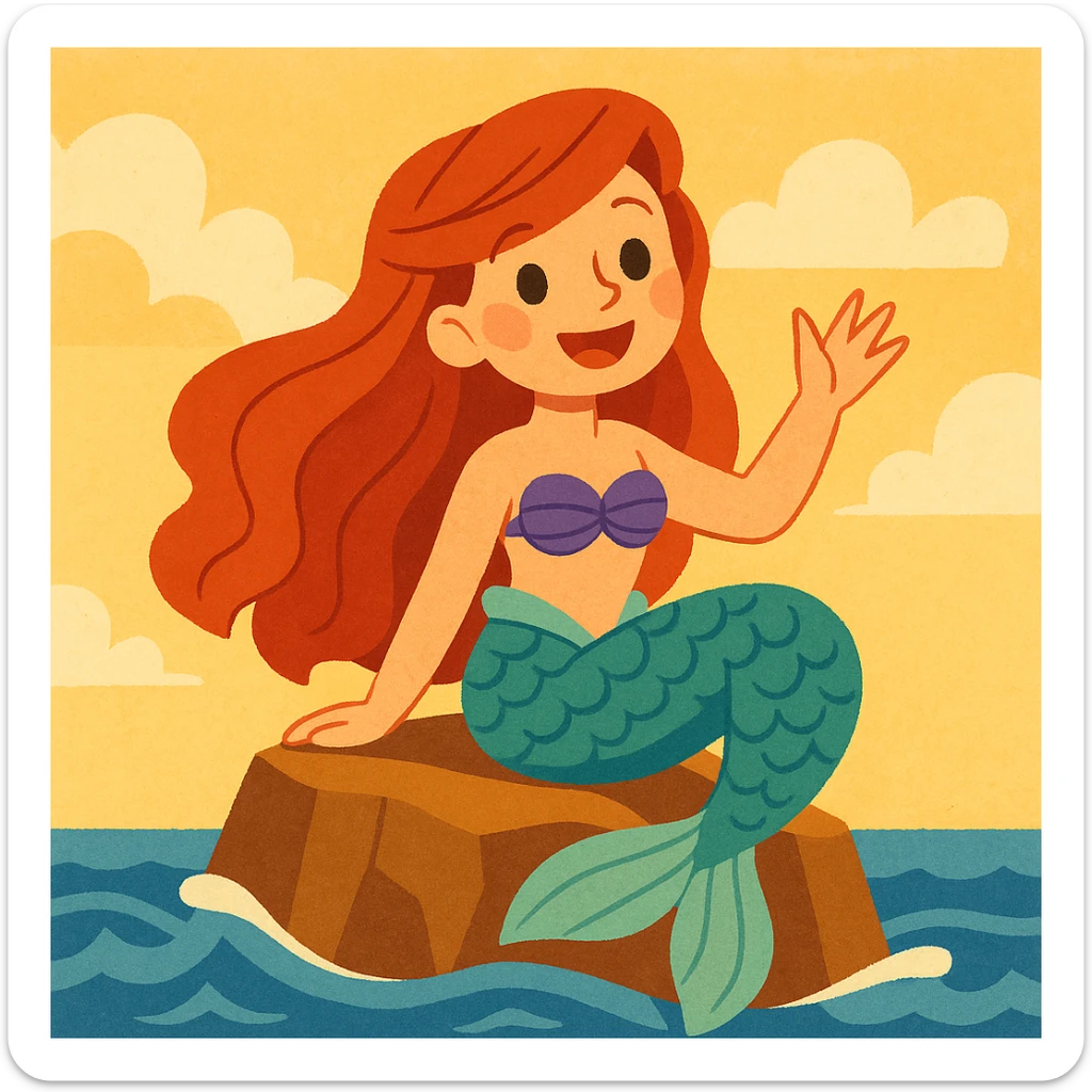 The little mermaid, smiling and waving from a rock, in a soft, storybook illustration style. sticker