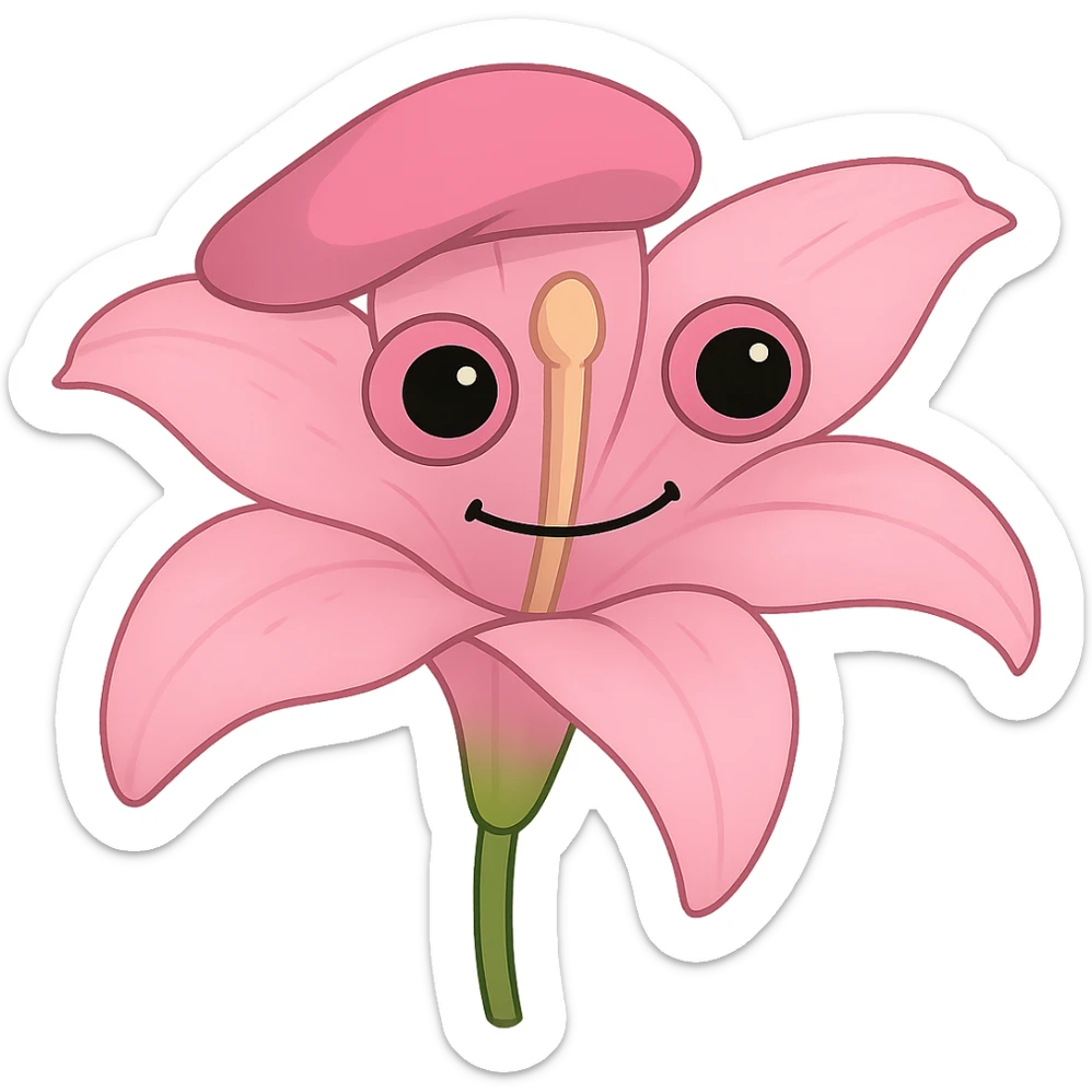Create two versions of a lily flower: one pink and one maroon, in the style of green bufo frog meme. The style is bufo-like with no background. sticker