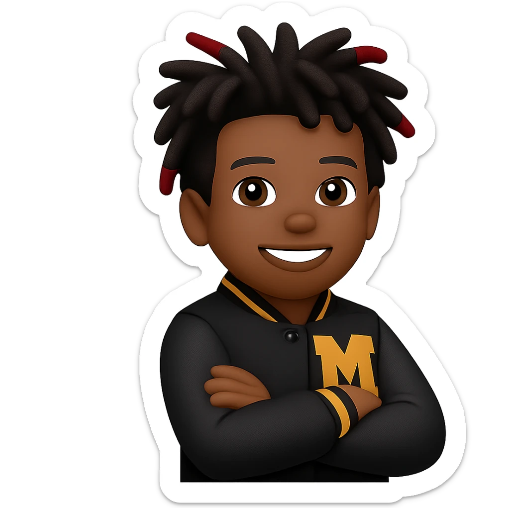 Create a male African American emoji with the hairstyle and features from the reference photo, wearing a letterman jacket with an M on it, arms crossed and smiling. No background. sticker