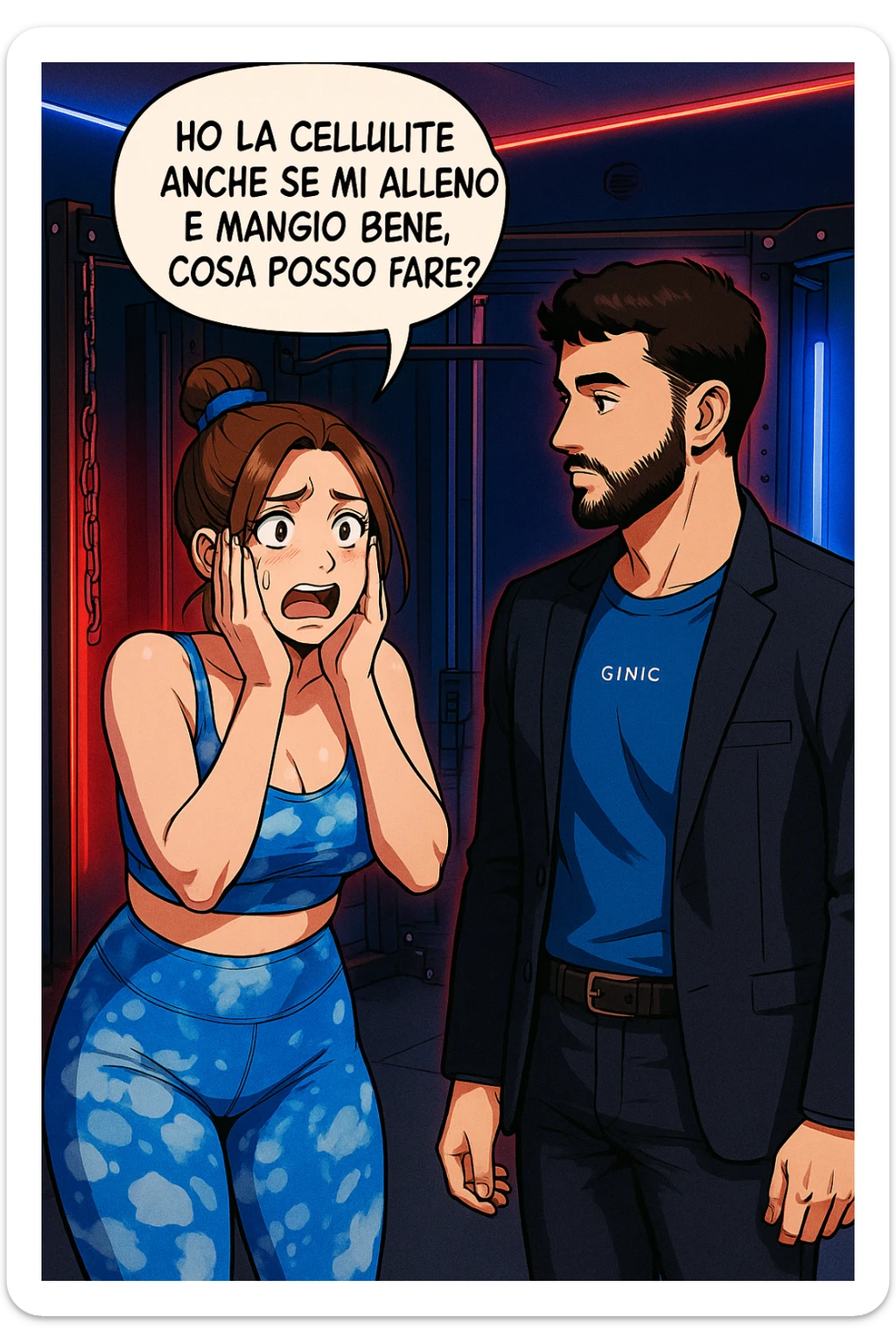 TRASFORMA QUESTO CAROSELLO IN UN FUMETTO STILE WEBTOON/MANGA A COLORI CON QUESTE DUE PERSONE IDENTICHE CHE INTERLOQUISCONO TRA LORO, LA DONNA è DISPERATA CON LE MANI SULLE GUANCE E STA DOMANDANDO TUTTA AGITATA UNA COSA ALL'UOMO:

LEI (DONNA): Ho la cellulite anche se mi alleno e mangio bene, cosa posso fare? sticker