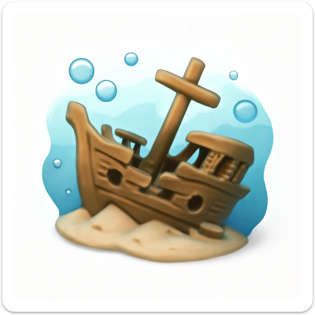 3D iPhone style emoji of a sunken ship underwater, lying on the ocean floor, broken details, surrounded by bubbles and soft blue water effect, isolated on white background, soft shadows, high detail, playful and cute. sticker