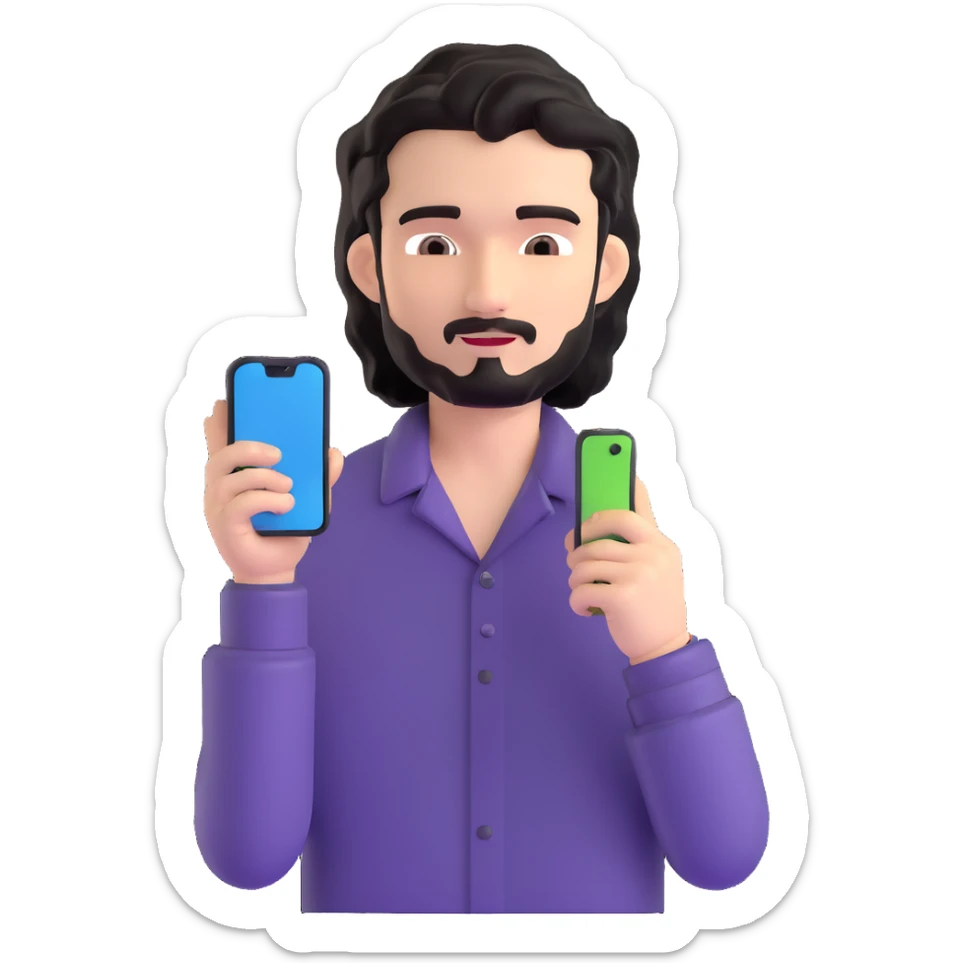 Business professional with black wavy hair, stubble, chiseled face, in casual attire with open collar shirt, relaxed pose with smartphone, warm approachable expression, modern and relatable for social media profile sticker