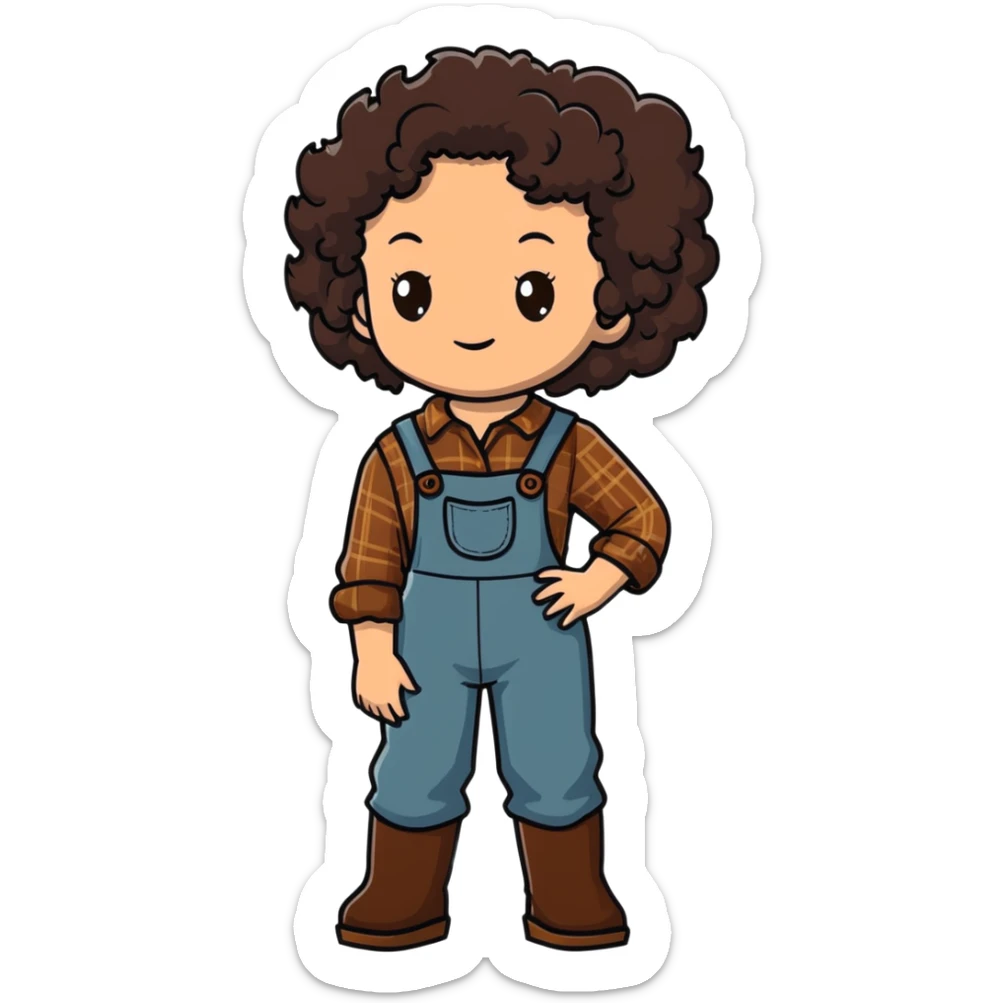 white girl with dark brown curly hair, brown eyes, wearing farm clothes sticker