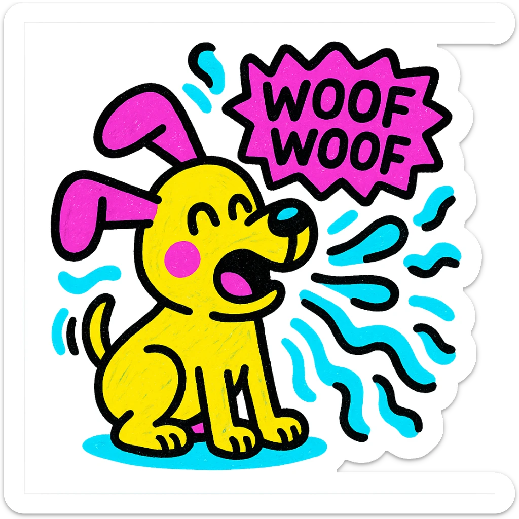 cute dog with floppy ears, barking 'Woef Woef', surrounded by colorful sound waves, pop colors style sticker
