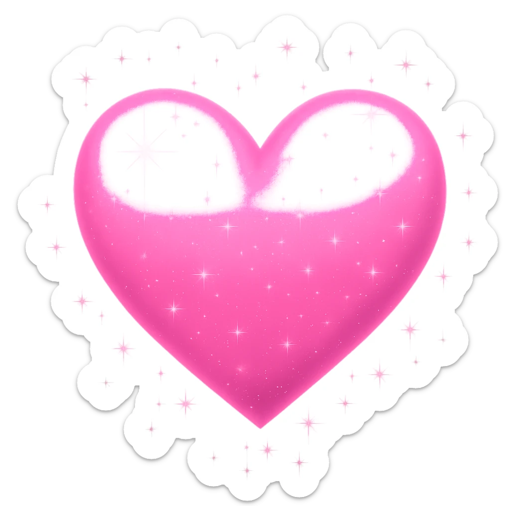 Add bright shine and glow to the pink heart in emoji style with a transparent background, making it look luminous and sparkling. sticker