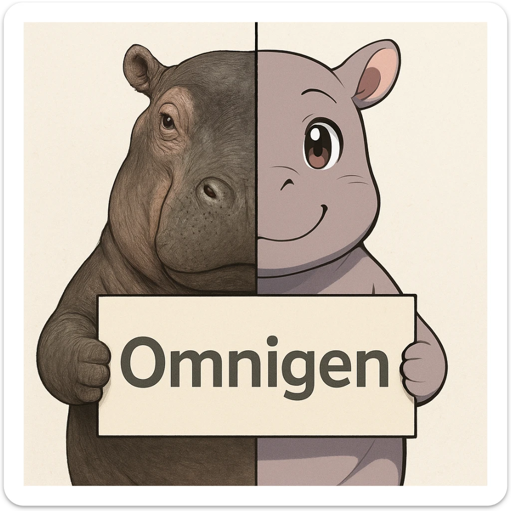 two hippo holding sign of omnigen, half picture 1 hippo is realistic another half is the anime of that same second hippo, with before after mark sticker