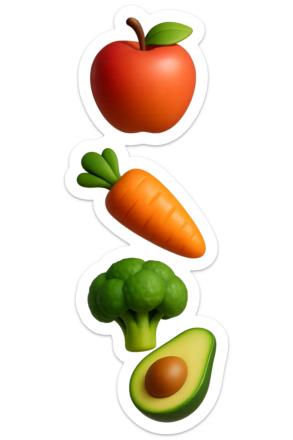 emoji stile iphone in 3d di cibo sano che fluttua in aria vericalmente, iperrealistico 4k sticker