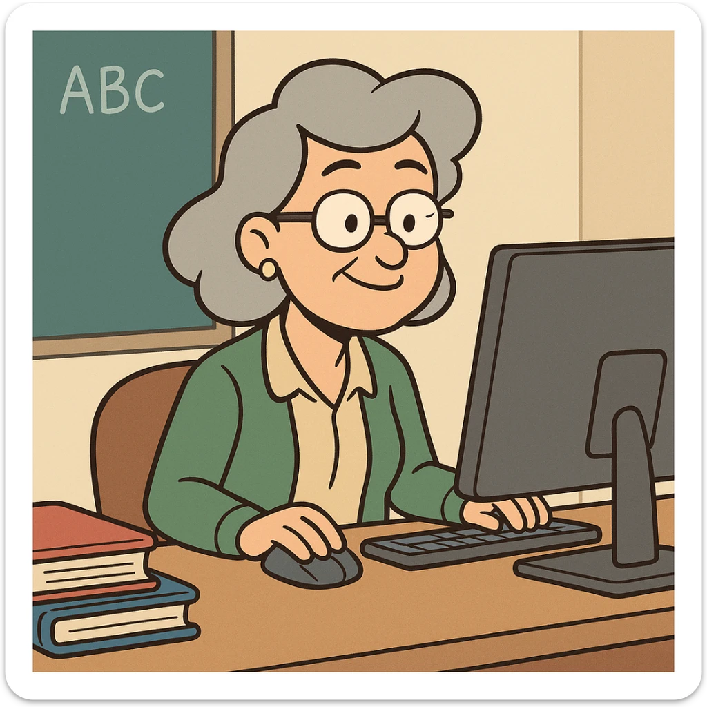female teacher with grey hair at desk working in front of computer, cartoon style sticker